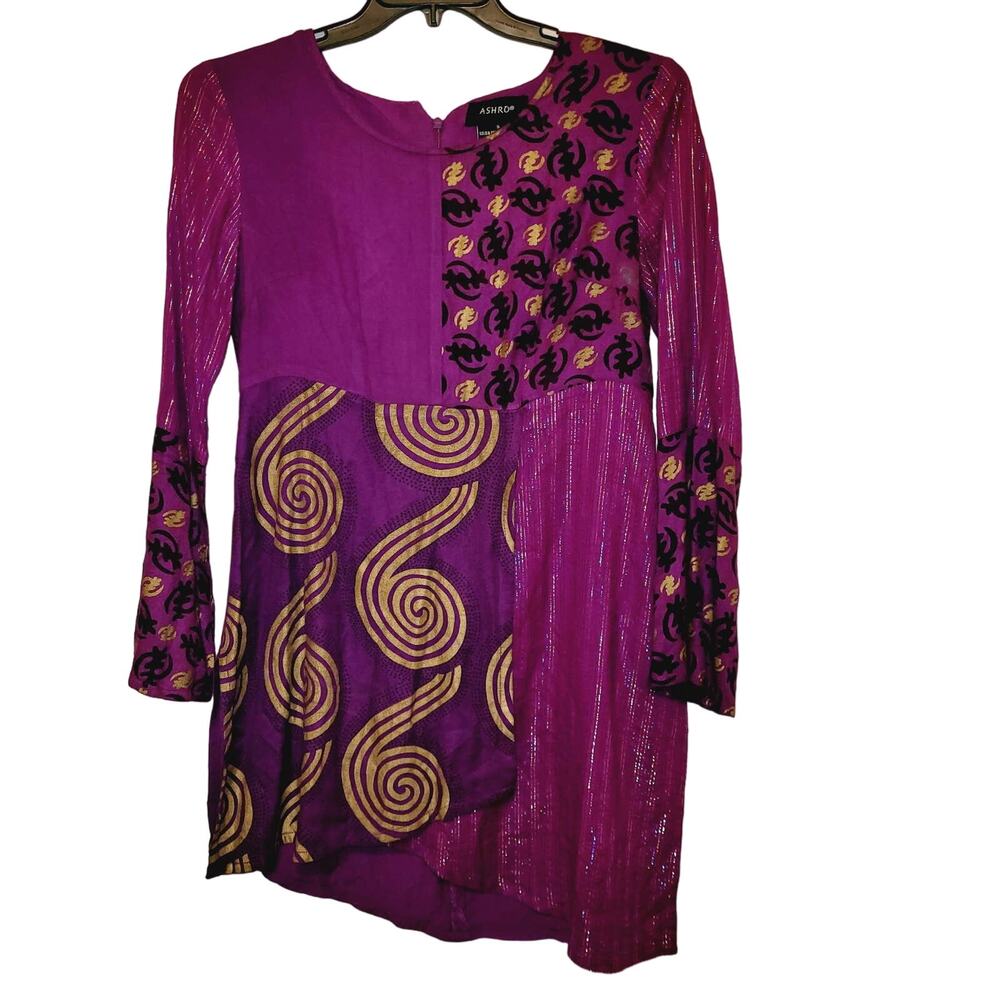 Ashro purple mixed print patchwork bell sleeve mini dress Size Sm Retro 70s